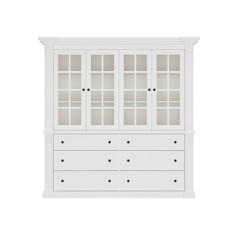 White Glass Door China Cabinet with Drawers, Large Buffet Hutch Sideboard Storage Cabinet for Dining Room - 74.8"x74.8"