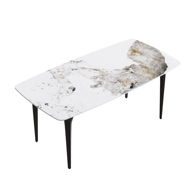 70.87"Modern artificial stone Pandora white curved black metal leg dining table-can accommodate 6-8 people