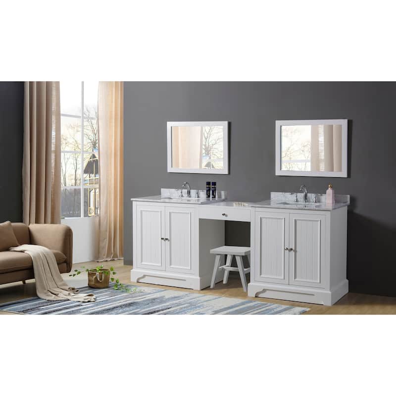 Kingswood 87 in. Vanity in White with White Carrara Marble Top and 2 mirrors