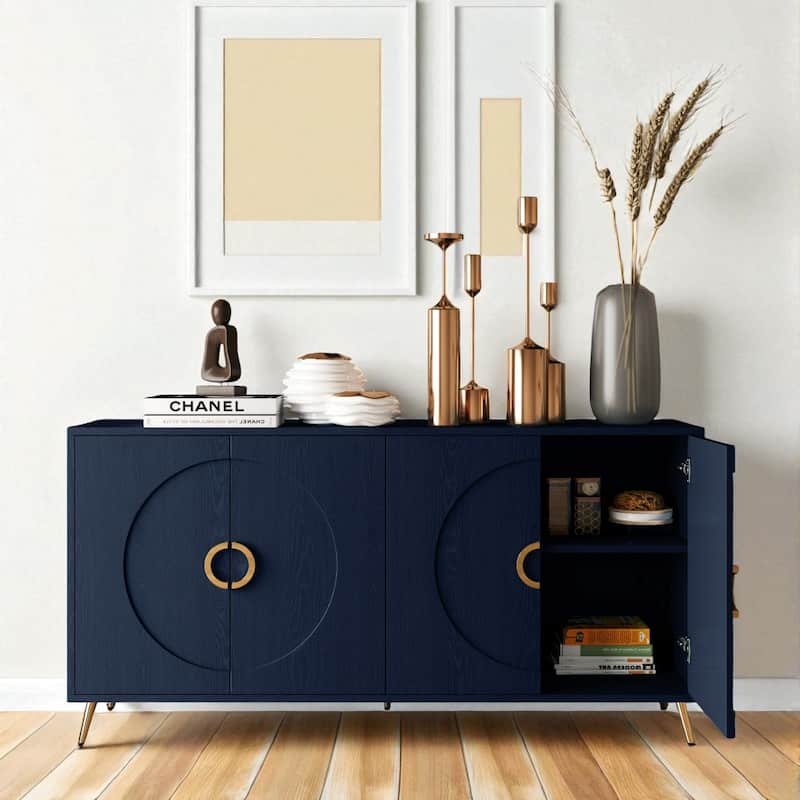 Modern Lacquered 4-Door Wooden Sideboard Buffet Cabinet with Adjustable Shelves and Gold Accents.