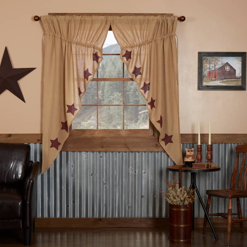 Burlap with Stencil Stars Short Prairie Panel Set - Prairie Panel 63x36 - Natural/Burgundy
