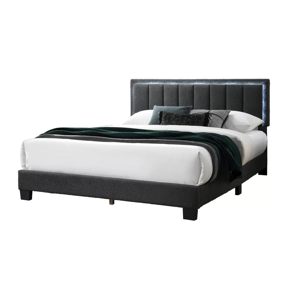 Jiana Full Bed, Charcoal Gray Wool Upholstery, LED Headboard