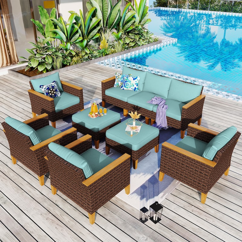9-Piece Outdoor Wicker Sectional Sofa Patio Furniture Luxury Conversation Set, Beige Cushion - 9- Seat - Type E