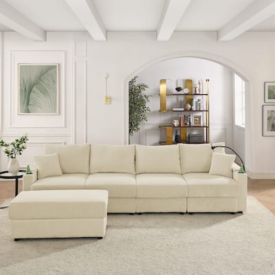 4 Seater Storage Lounge Couch Corduroy L-shaped Sectional Sofa with Ottoman, Phone Stand and Cup Holders for Living Room