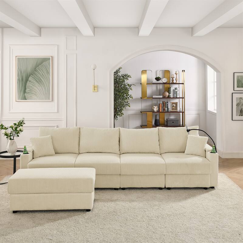 4 Seater Storage Lounge Couch Corduroy L-shaped Sectional Sofa with Ottoman, Phone Stand and Cup Holders for Living Room - Beige