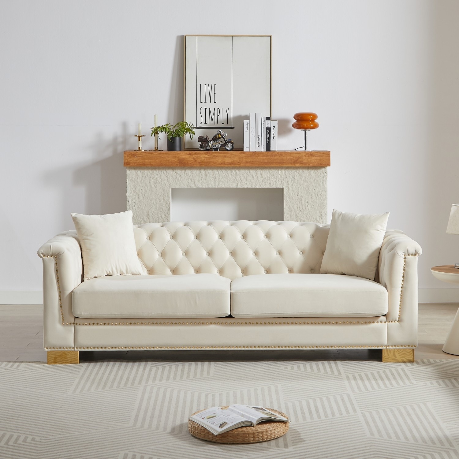 84" Velvet Sofa with Button Tufted Backrest and Golden Nailhead Trim