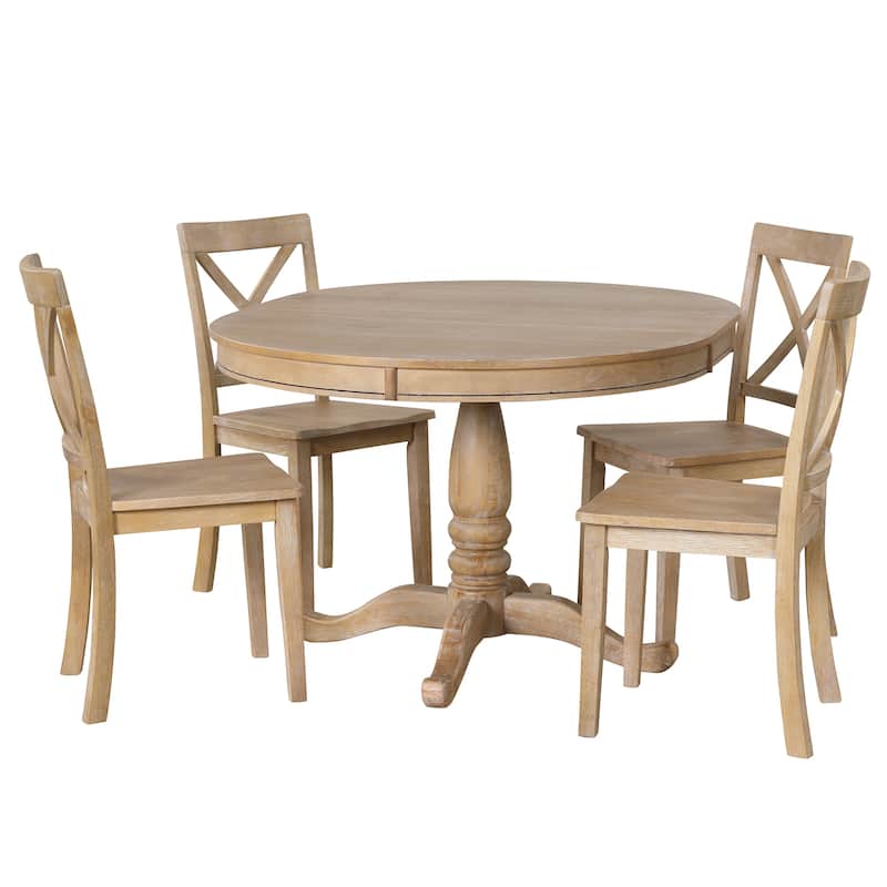 5 Piece Wood Dining Table Set, Kitchen Dining Table Set with Extendable Round Dining Table and 4 Chairs with Backrest