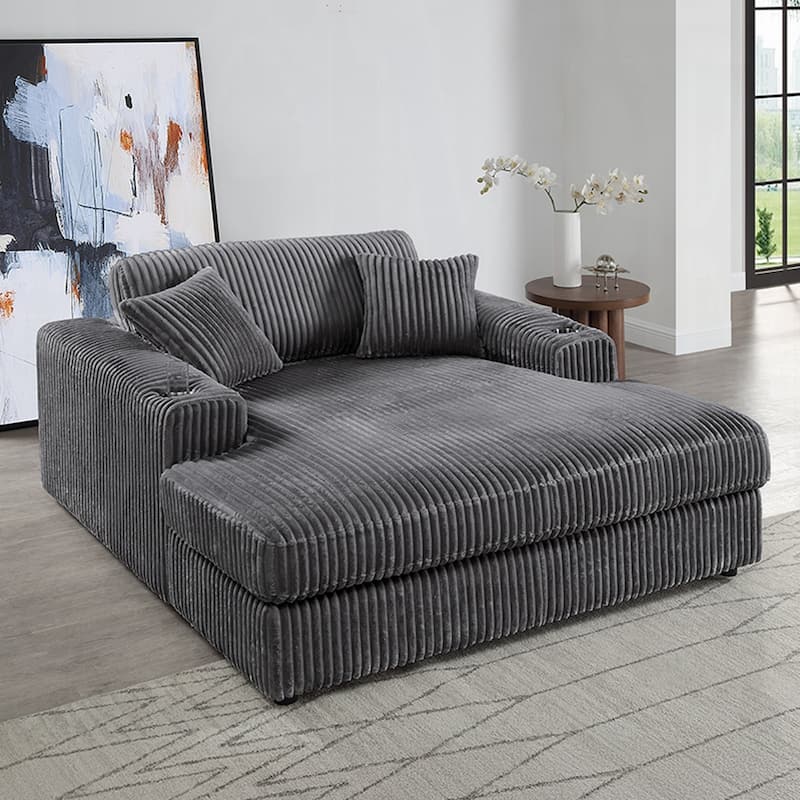 Corduroy Fabric Upholstered Chaise with 2 Cup Holders