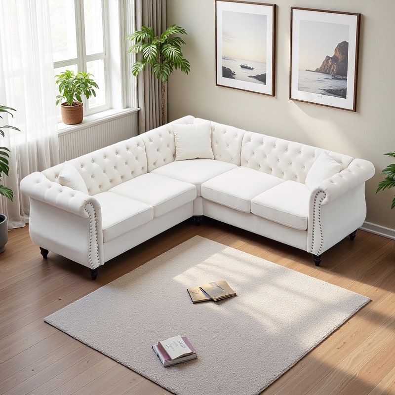 83.5" Velvet L-Shaped Sectional Sofa, 5-Seater Corner Couch with 3 Pillows