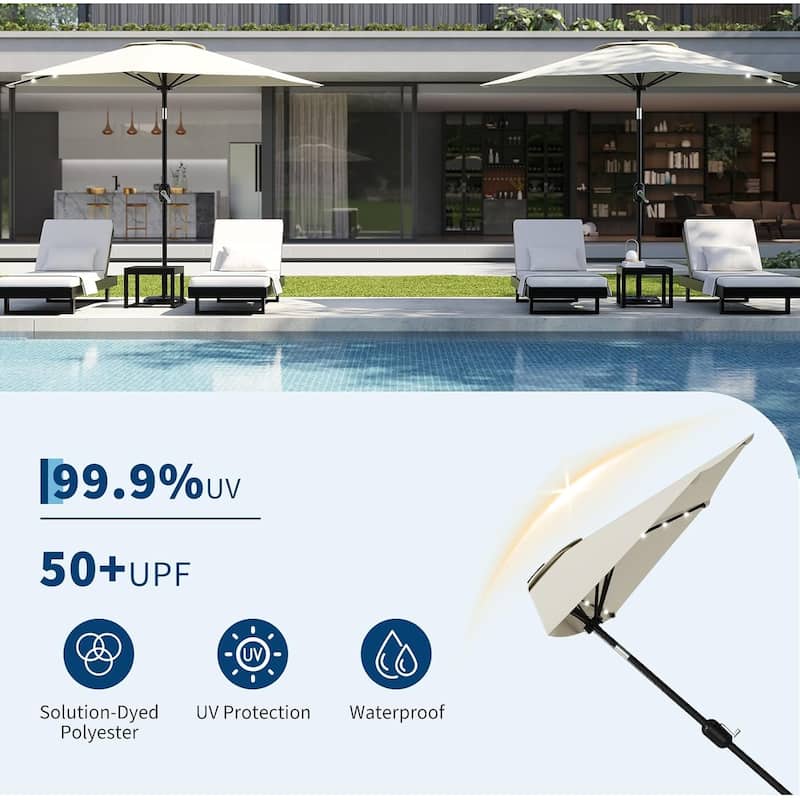 9ft Outdoor Patio Half Umbrella, with Solar LED Lights and Smooth Crank Lift