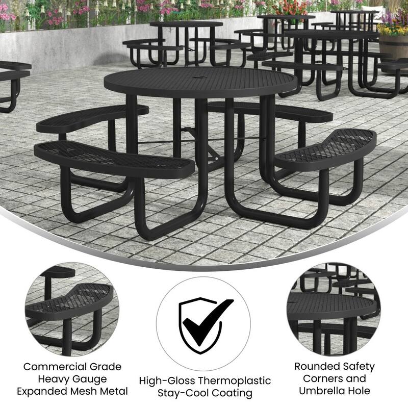Commercial Grade Expanded Mesh Metal Outdoor Picnic Table with Anchors - 82.5"D x 82.5"W x 29"H