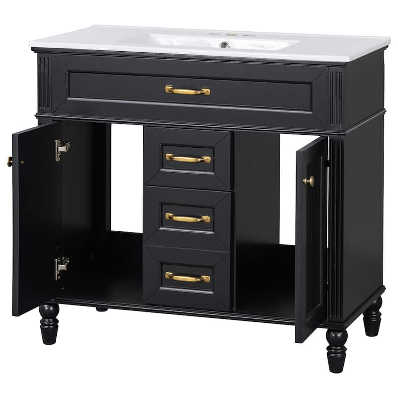 GDF Studio - Sunny Modern Solid Wood + MDF 36-Inch Bathroom Vanity with Ceramic Sink and Flip-Out Drawer