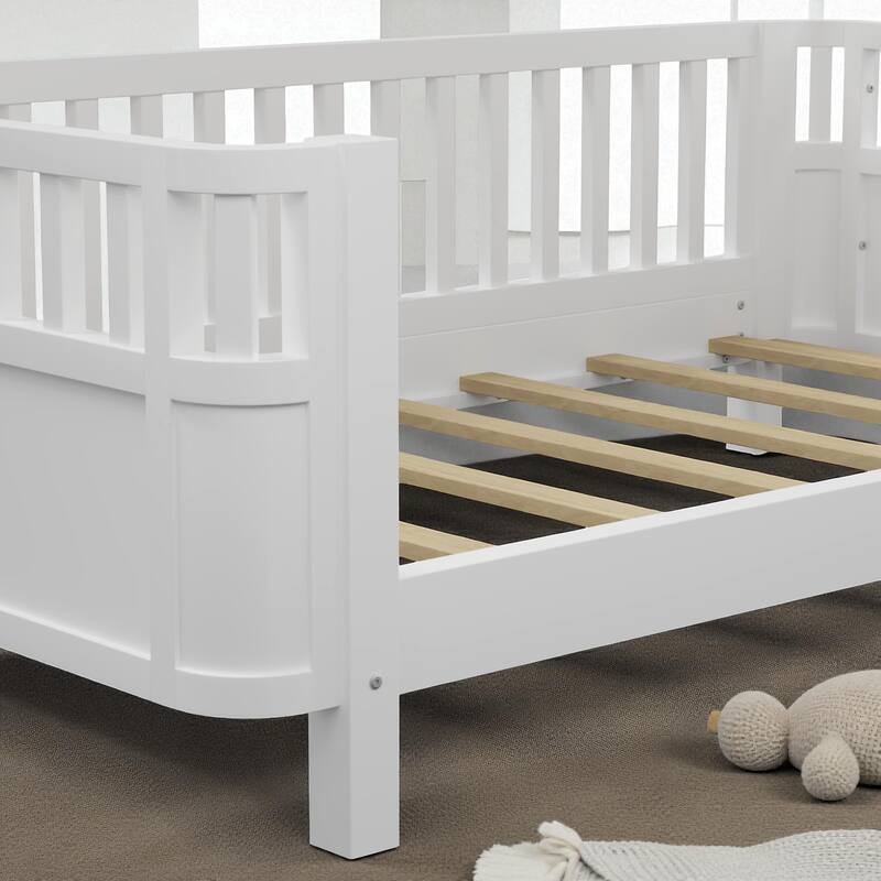 Wood Twin/Full Size Platform Bed with Safety Rails, Low Profile Kids Bed Frame for Girls and Boys