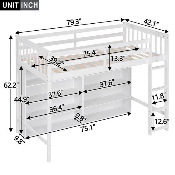 Multifunctional Design Wood Loft Bed with 8 Open Storage Shelves and Built-in Ladder, Solid Construction, White
