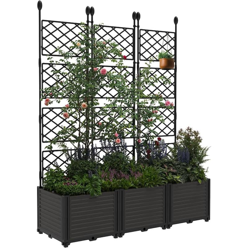 3 Pack Plastic Plant Boxes with Metal Trellis for Climbing Plants Outdoor Raised Box Privacy Screen - Black