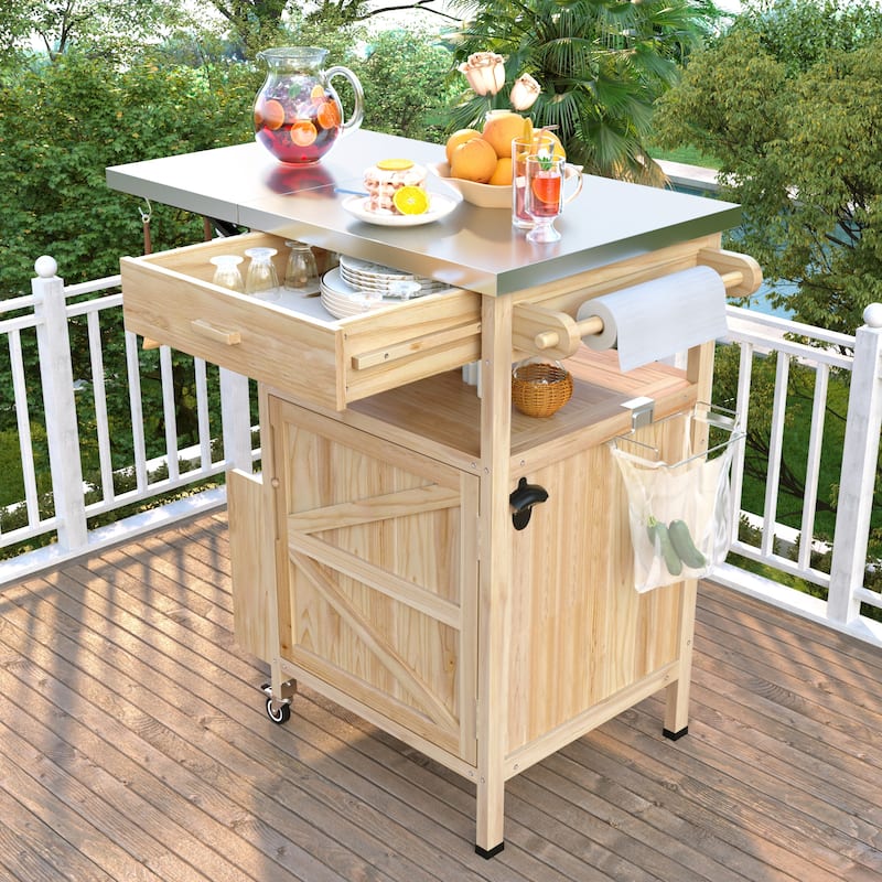 40.5" Outdoor Grill Cart with Stainless Steel Top, Rolling Buffet Serving Cart with Drop Leaf, Patio Kitchen Island Cart