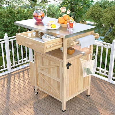 Kitchen Island w/Drop Leaf, Drawer, Towel Rack and Stainless Steel Top w/Wood Storage Cabinet, Rolling Cart for Kitchen Garden