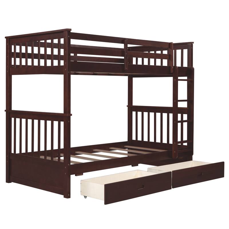Twin-Over-Twin Bunk Bed with Storage Drawers, Pine Wood Frame, Safety Guardrail, Convertible Design