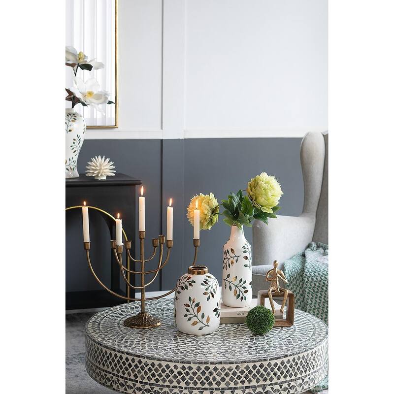 9" White Green And Gold Leaf Round Ceramic Table Vase - 6.70