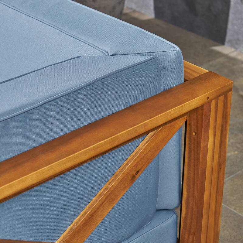 Brava Outdoor 3-Seater Acacia Wood Sectional Sofa Set with Coffee Table and Cushions by Christopher Knight Home