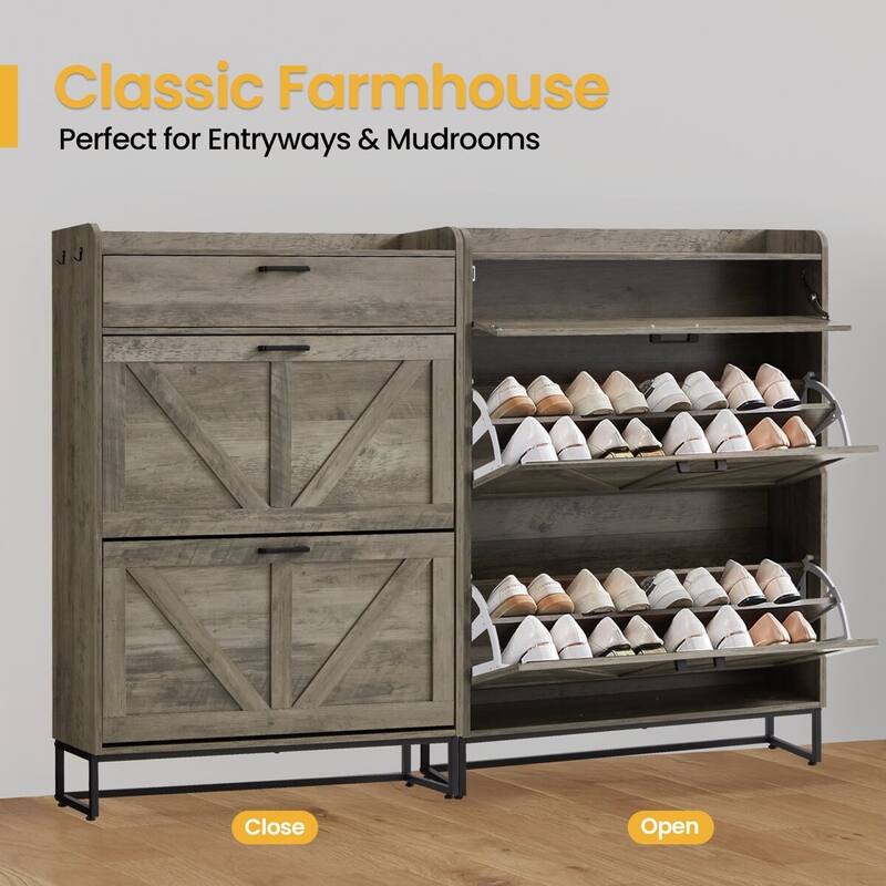 AVAWING Freestanding Farmhouse Shoe Cabinet - 2 Flip Drawers & Adjustable Shelves, Entryway Slim Storage with Side Hooks.