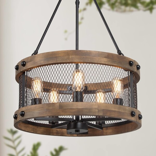 Modern Farmhouse 5-Light Wood Drum Black Metal Chandelier for Dining Room - Brown