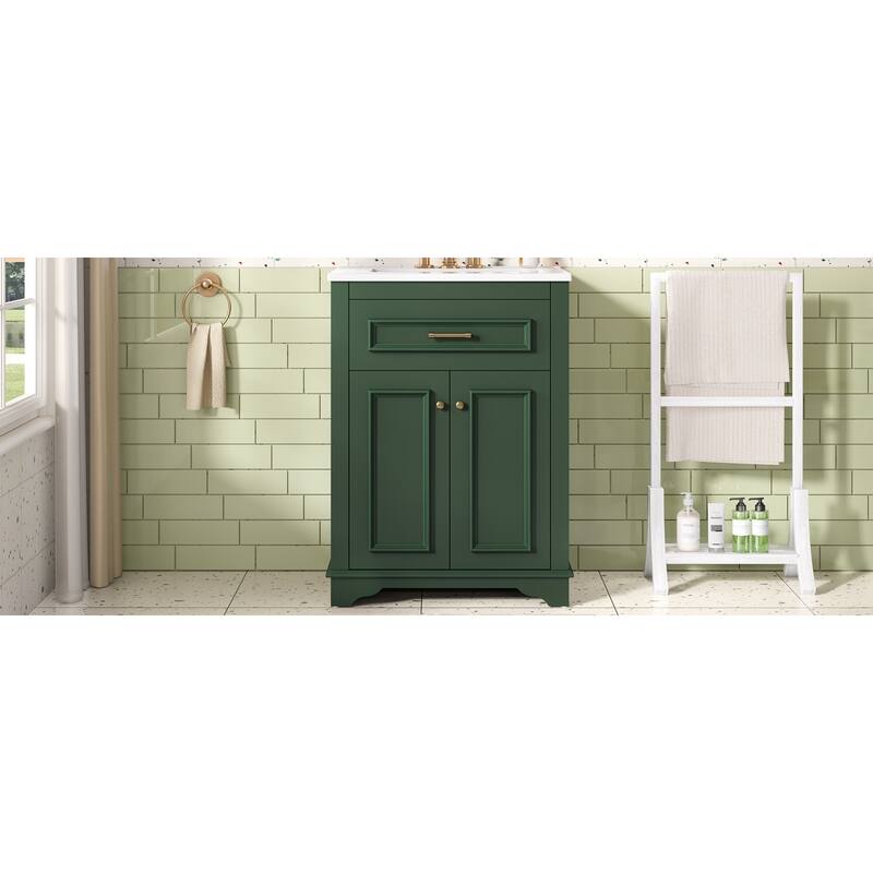 24" Bathroom Vanity with Integrated Ceramic Sink, Bathroom Cabinet with 2 Doors, 1 Tip-Out Drawer