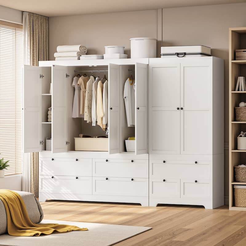 Pocassy 71" H Wardrobe Closet with Drawers and Cabinet. - White - 6 Doors with 7 Drawers