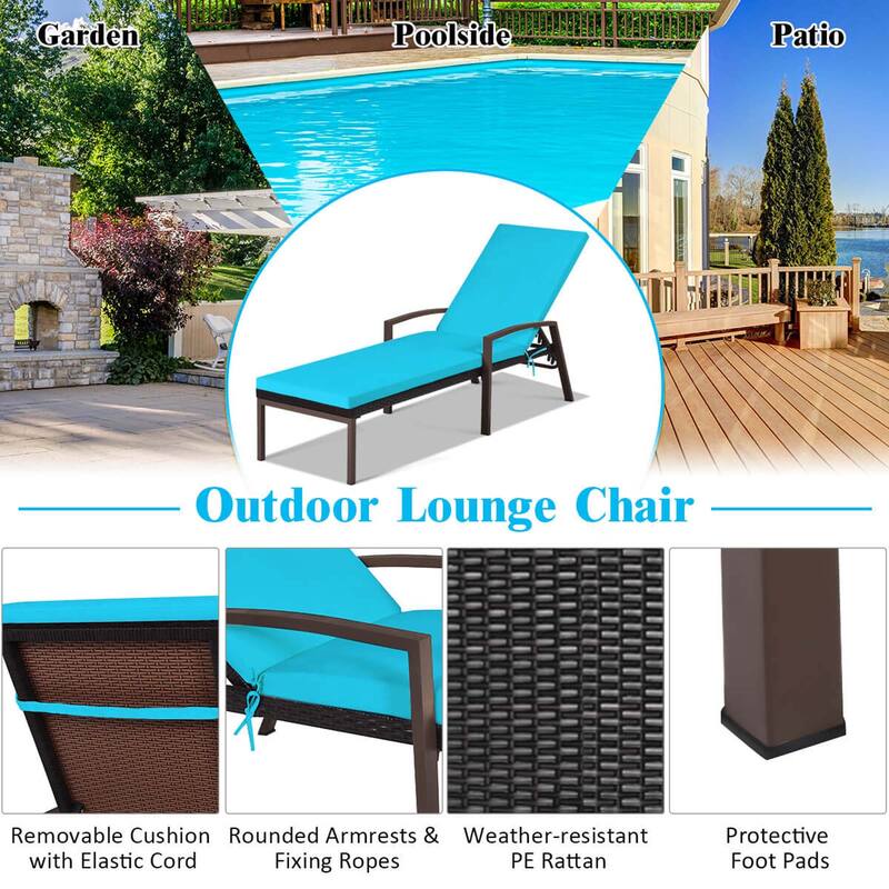 2 PCS Patio Rattan Chaise Lounge Chairs w/ 2 color Cushion Cover