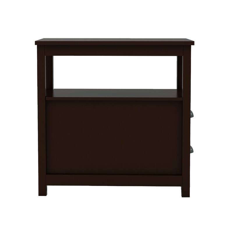Narrow Nightstand Tall Storage Side Table with 2 Drawers and Open Shelves for Bedroom or Living Room