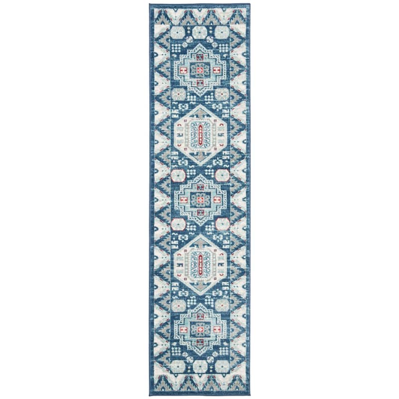 SAFAVIEH Kazak Pamala Traditional Oriental Rug - 2' x 8' Runner - Blue/Creme