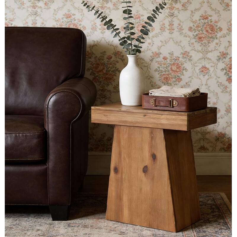Solid End Table, 23.6" Wood Side Table with Trapezoid Base for Small Space, Living Room