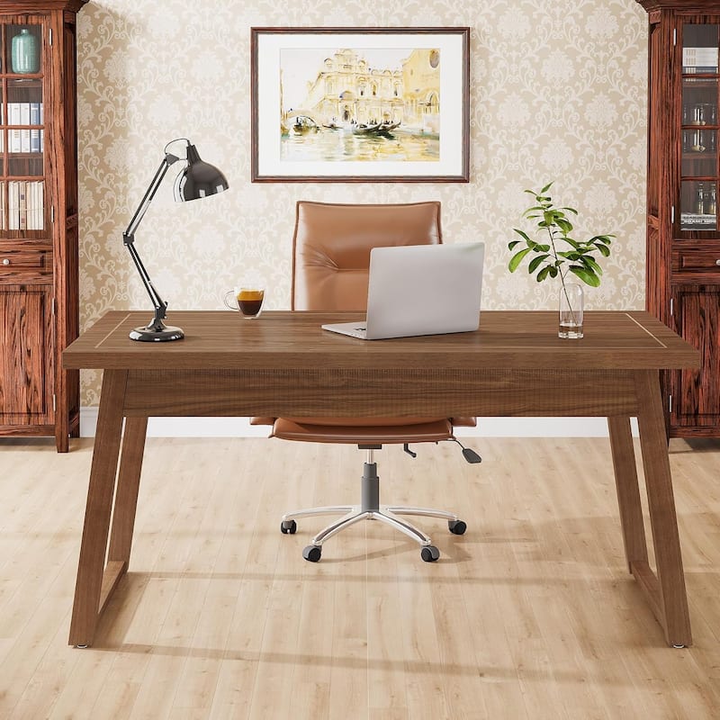 55 Inches Mid-Century Solid Wood Computer Desk with Drawer - Brown