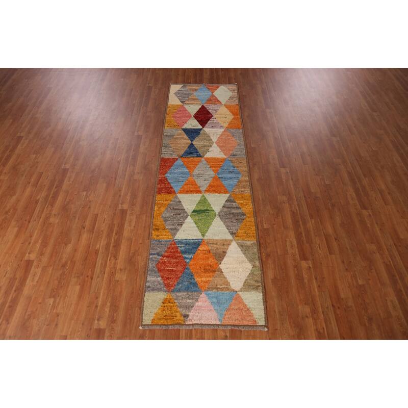 Geometric Moroccan Runner Rug Handmade Oriental Tribal Wool Carpet - 2'11" x 9'11"