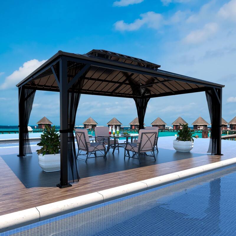 VEIKOUS Aluminum Double Hardtop Gazebo Pergola for Patio, Lawn, and Garden with Removable Netting