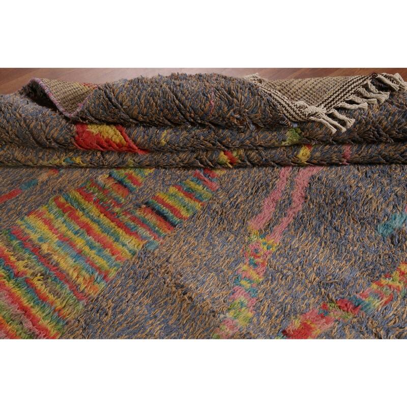 Brown & Blue Moroccan Abstract Area Rug Handmade Wool Carpet - 8'10"x 12'9"