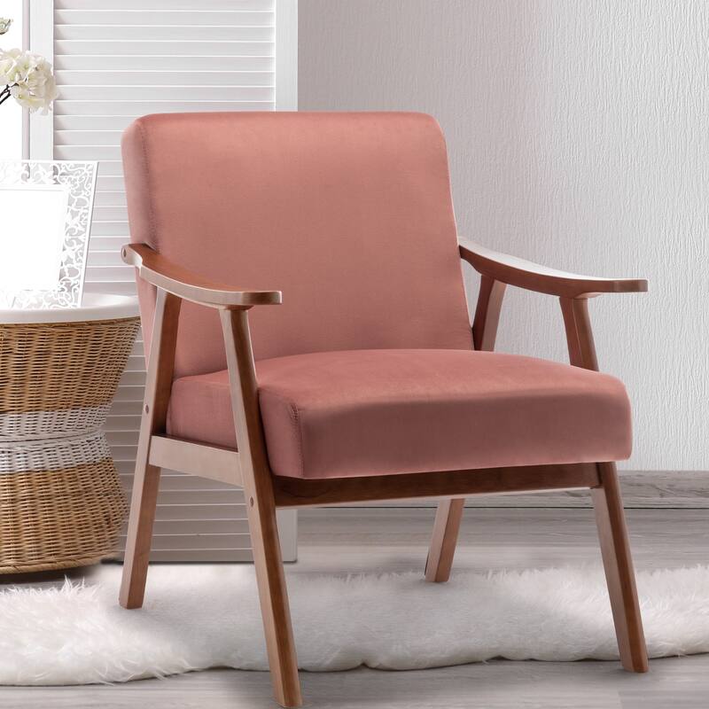Mid-Century Modern Chair, Living Room Chair with Solid Wood Frame, Accent Chair Extra-Thick Backrest, Wingback Chair - Pink