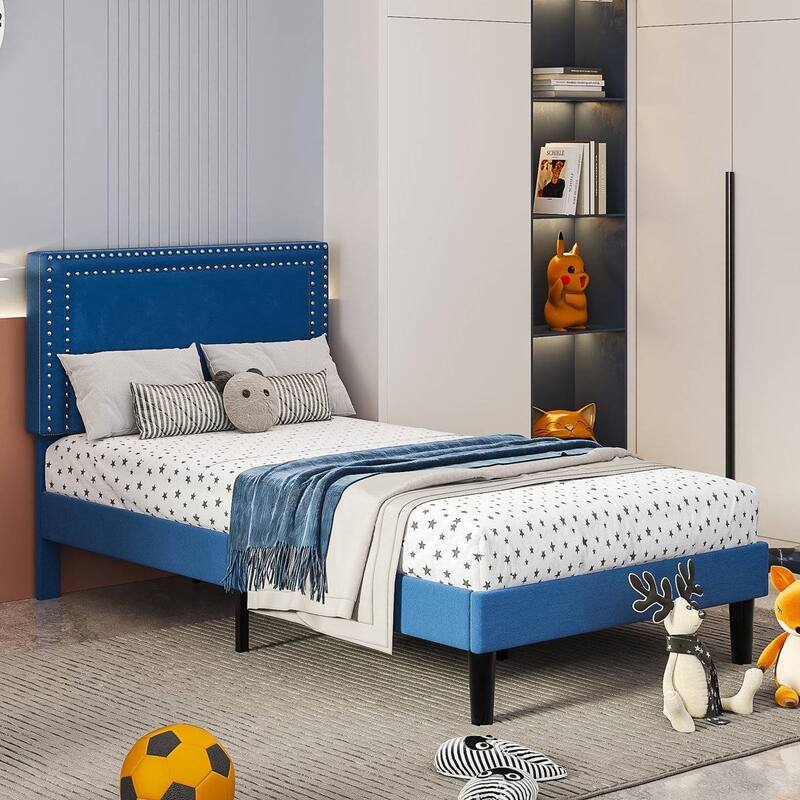 Set of 2 Twin Size Tufted Upholstered Platform Beds Dorm Style Minimalist Metal Frame with Slats No Box Spring Needed