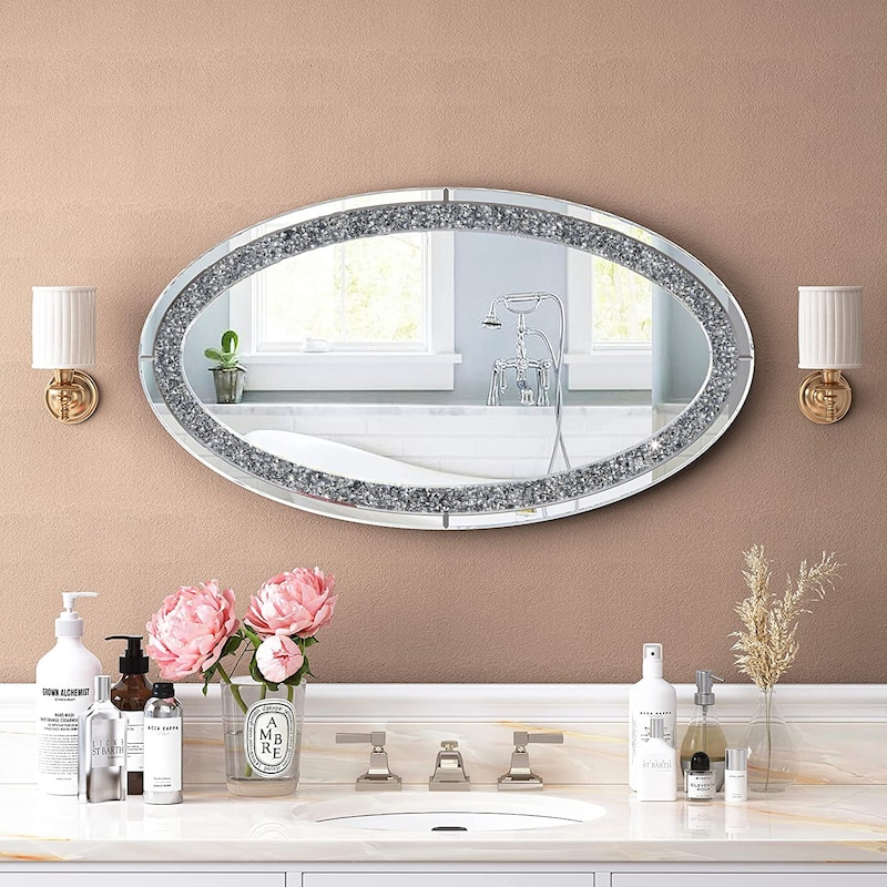 Oval Wall Mirror Crushed Diamond Inlay Sparkly Silver Mirror