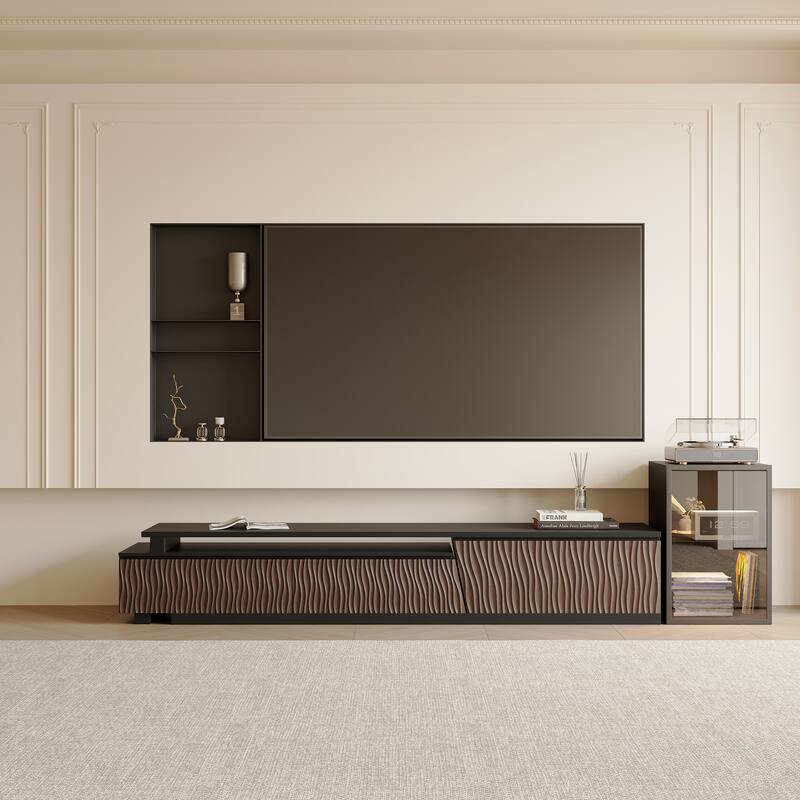 Retracted Extendable TV Stand Media Console In Stretch With 3-Drawers