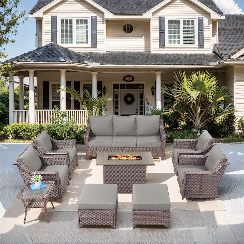 Outdoor Fire Pit Table with Sofa Funiture - Brown Wicker / Grey Cushion - 9-Piece Sofa Chair with Fire Table