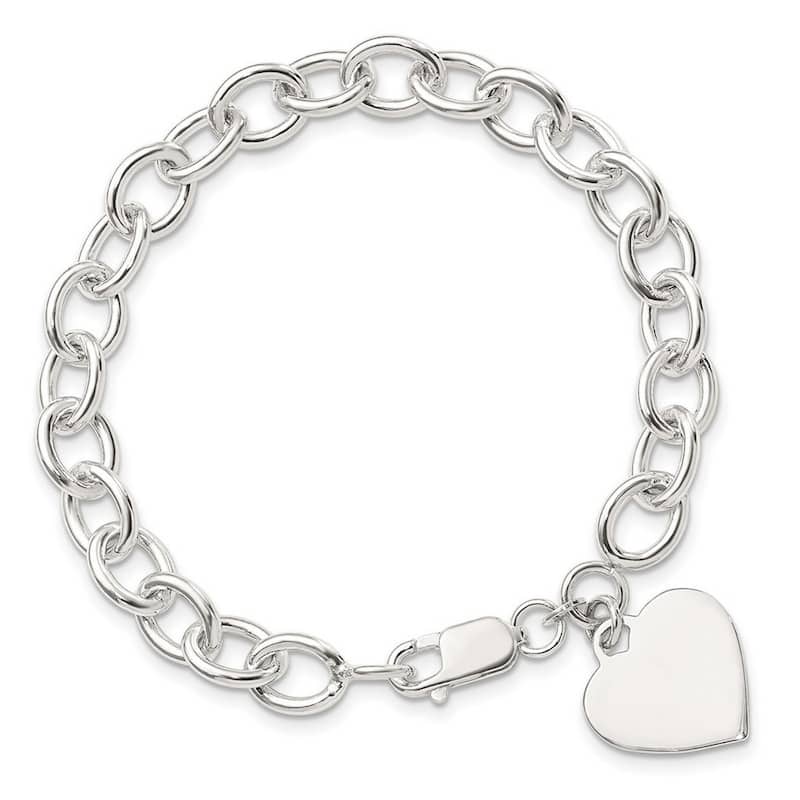 Curata 925 Sterling Silver (Classic or Rhodium) 16mm Engraveable Heart Tag Link Bracelet - 7.25" or 8.25"