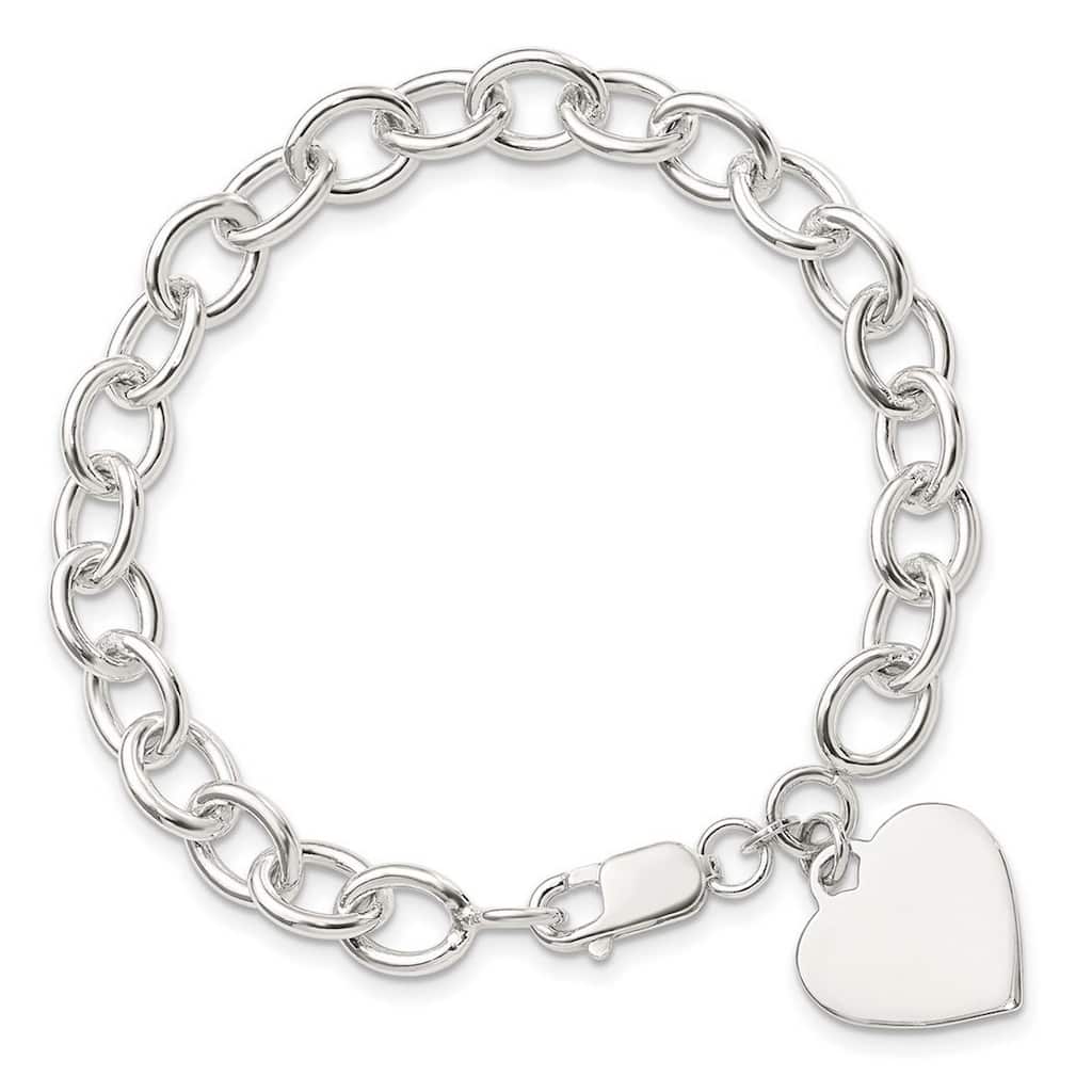 Curata 925 Sterling Silver (Classic or Rhodium) 16mm Engraveable Heart Tag Link Bracelet - 7.25" or 8.25"