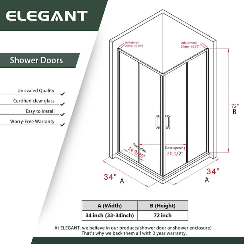Elegant Corner Entry Shower Enclosure in Sliding Shower Doors 34 in. W x 34 in. L x 72 in. H Shower base not included.