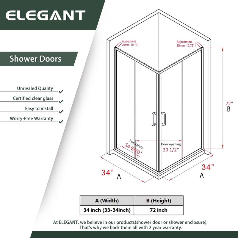Elegant Corner Shower Enclosure 34.in W x 72.in H Double Sliding Shower Door in Chrome Finish(Shower Base Not Included)