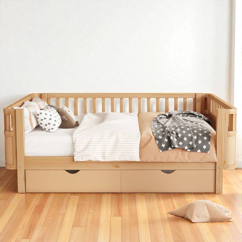 Twin/Full Size Wooden Platform Bed with Safety Rails and 2 Storage Drawers, Low Profile Kids Bed Frame