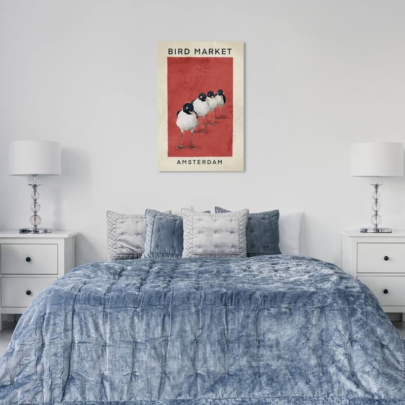 Wynwood Studio Canvas Animals Bird Market in Amsterdam Red and Nautical & Coastal Wall Art Canvas Print - Red, White - 36 x 24