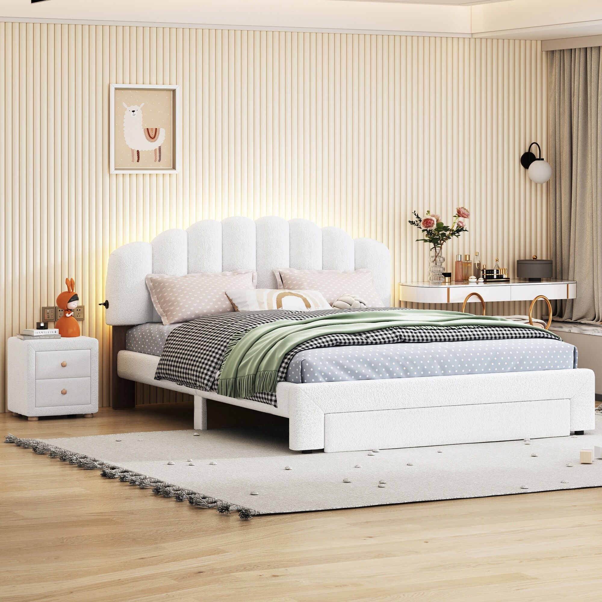 Teddy Fleece Queen Size Upholstered Platform Bed Frame for Boys Girls Kids Adults Toddler with Nightstand White Bed Bath Beyond 40177444