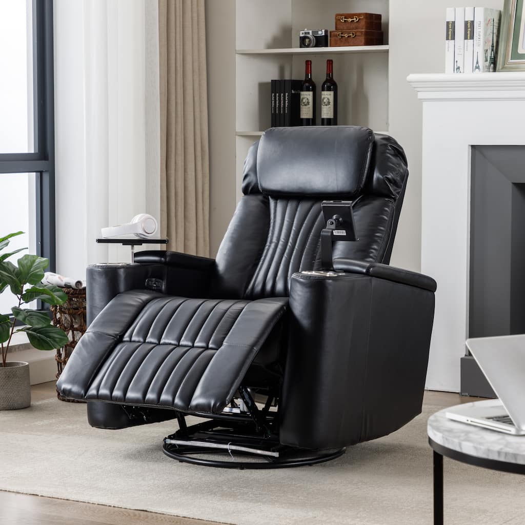 270° Power Swivel Recliner,Home Theater Seating With Hidden Arm Storage and LED Light Strip,Cup Holder