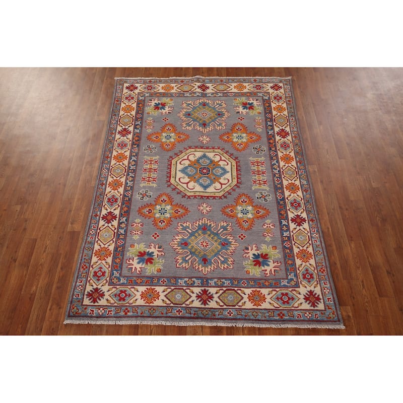 Gray Geometric Kazak Oriental Rug Living Room Handmade Wool Carpet - 4'9" x 6'9"